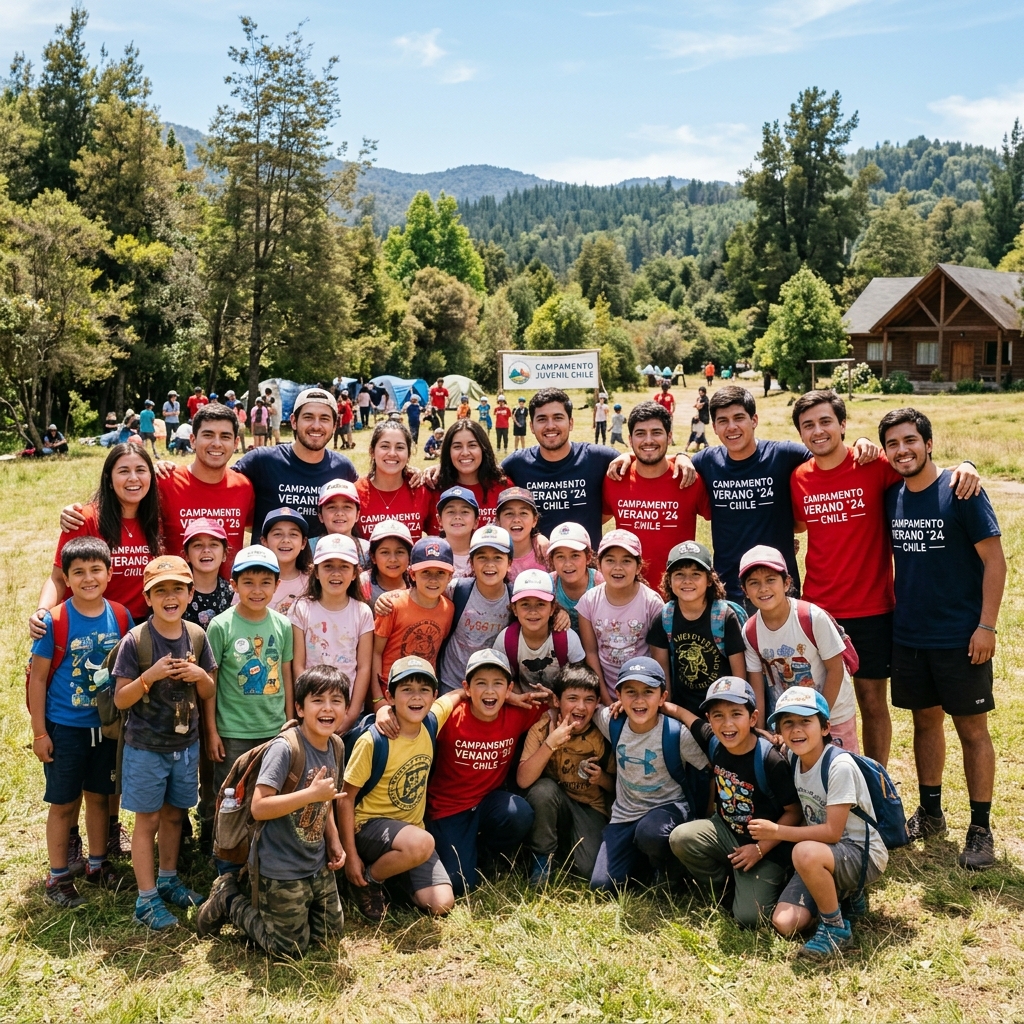 Fotografía grupal de niños, niñas y monitores en campamento escolar de verano - ONG Juntos Sonriendo